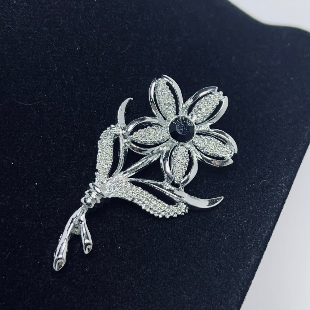 Sarah Cov Silver Tone W/Black Rhinestone Bracelet, Clip Earrings & Brooch (5689) - Picture 2 of 10